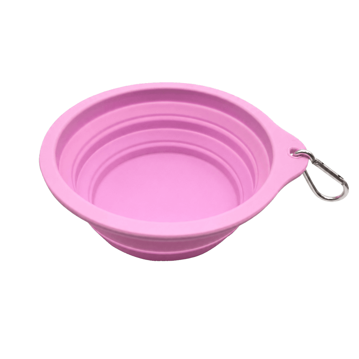 Pink collapsible silicone pet bowl with metal clip